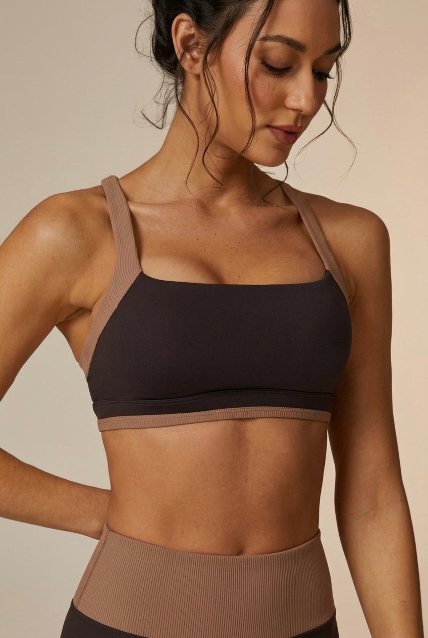 Espresso & Taupe Color-Block Square-Neck Sports Bra