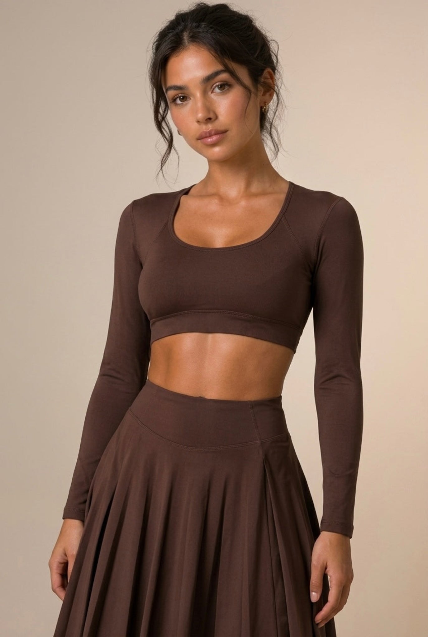 Rich Chocolate Brown Long Sleeve Scoop Bralette