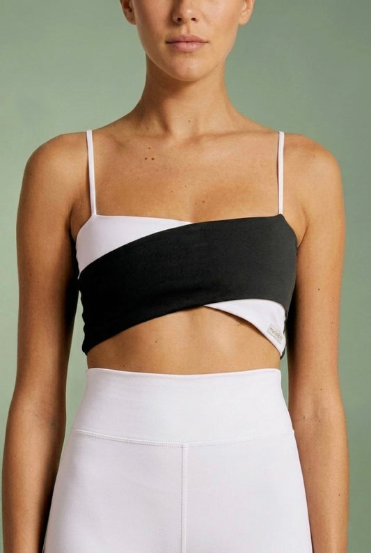Two-Tone Crossover Sports Bra Black and White Bandeau Crop Top
